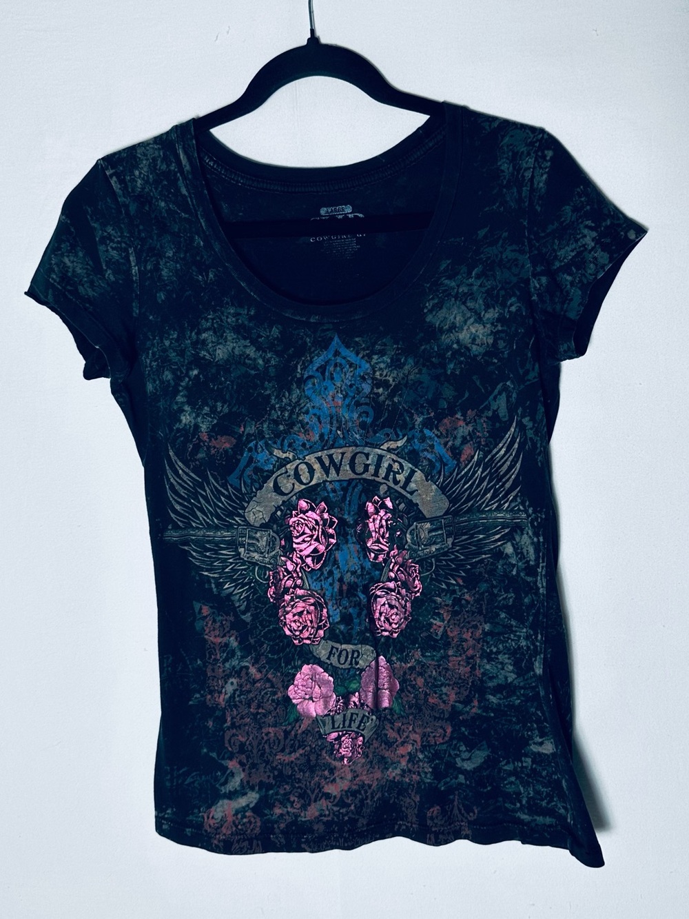 Vintage Y2K Cowgirl Up Graphic Tee T Shirt Black Acid Wash Pink Roses Wings L